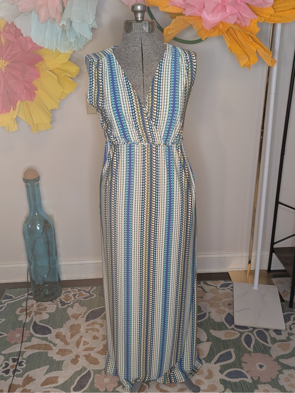 2016 - Philosophy Sleeveless Maxi Dress w/ Blue & Yellow Dot Stripe Pattern - M